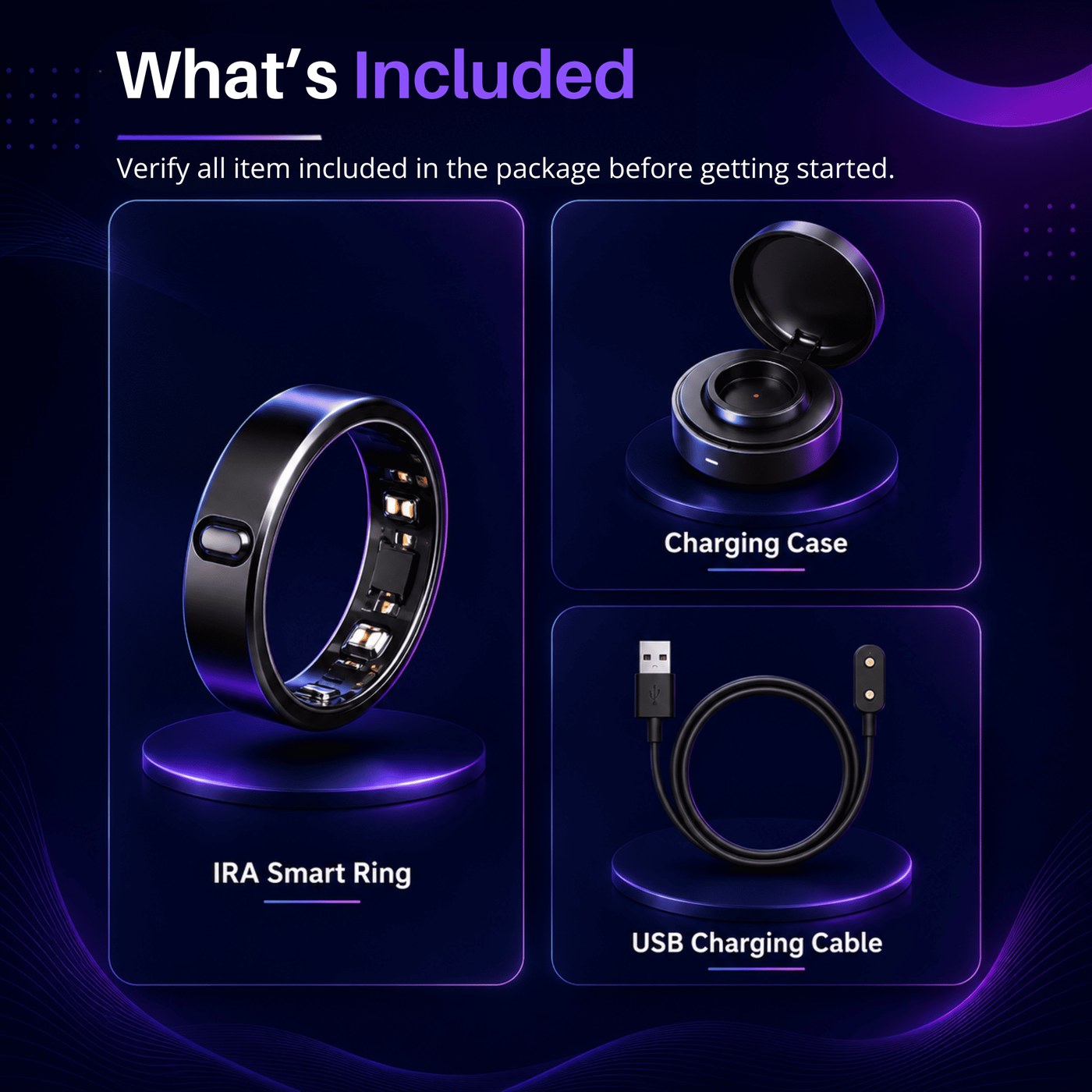 What's included: the IRA Smart Ring, charging case and USB charging cable
