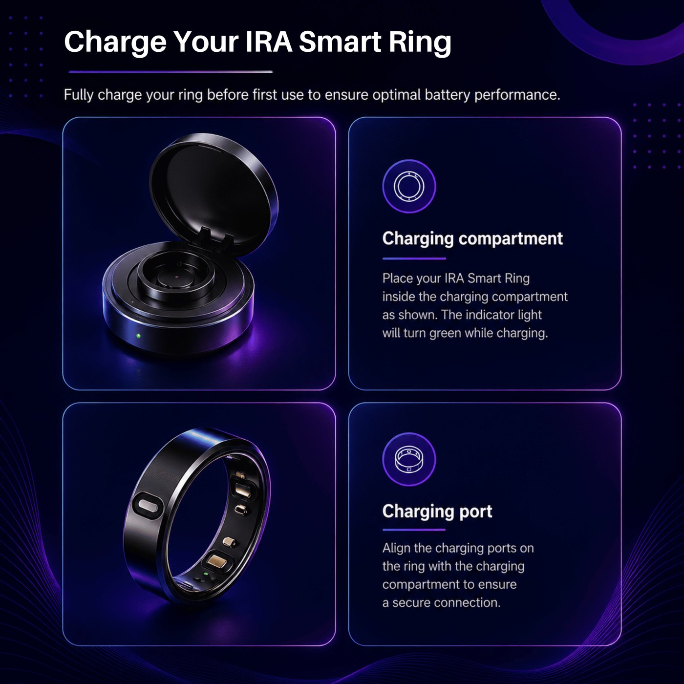 Charging the IRA Smart Ring: the charging compartment and the ring's charging port
