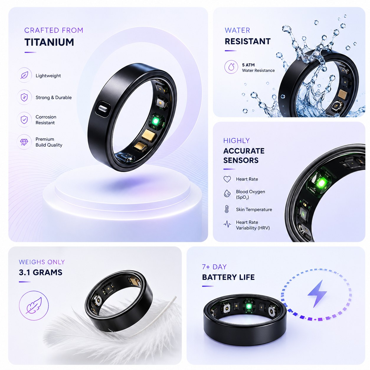 IRA Smart Ring hardware: titanium construction, 5 ATM water resistance, 3.1 grams, highly accurate sensors and 7+ day battery life