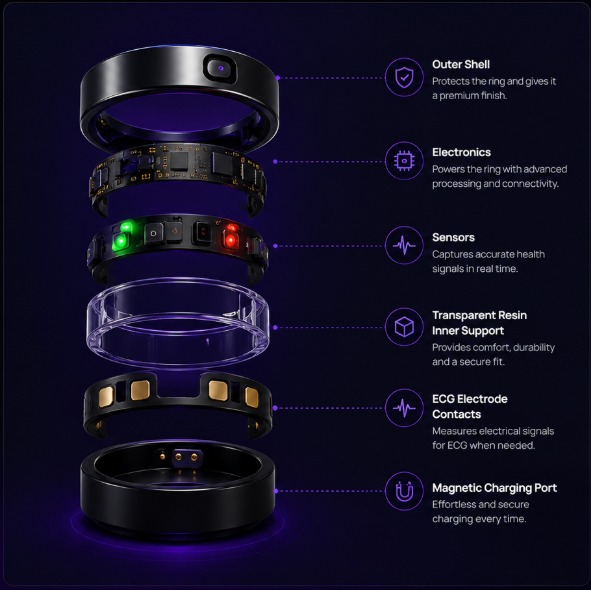 Exploded view of the IRA Smart Ring: outer shell, electronics, sensors, transparent resin inner support, ECG electrode contacts and magnetic charging port