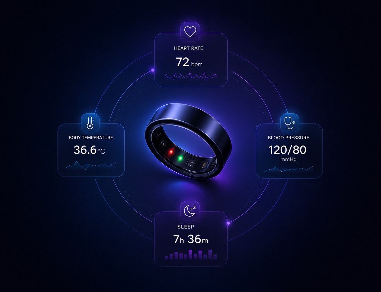 IRA Smart Ring surrounded by live readings: heart rate 72 bpm, body temperature 36.6°C, blood pressure 120/80 mmHg and sleep 7h 36m